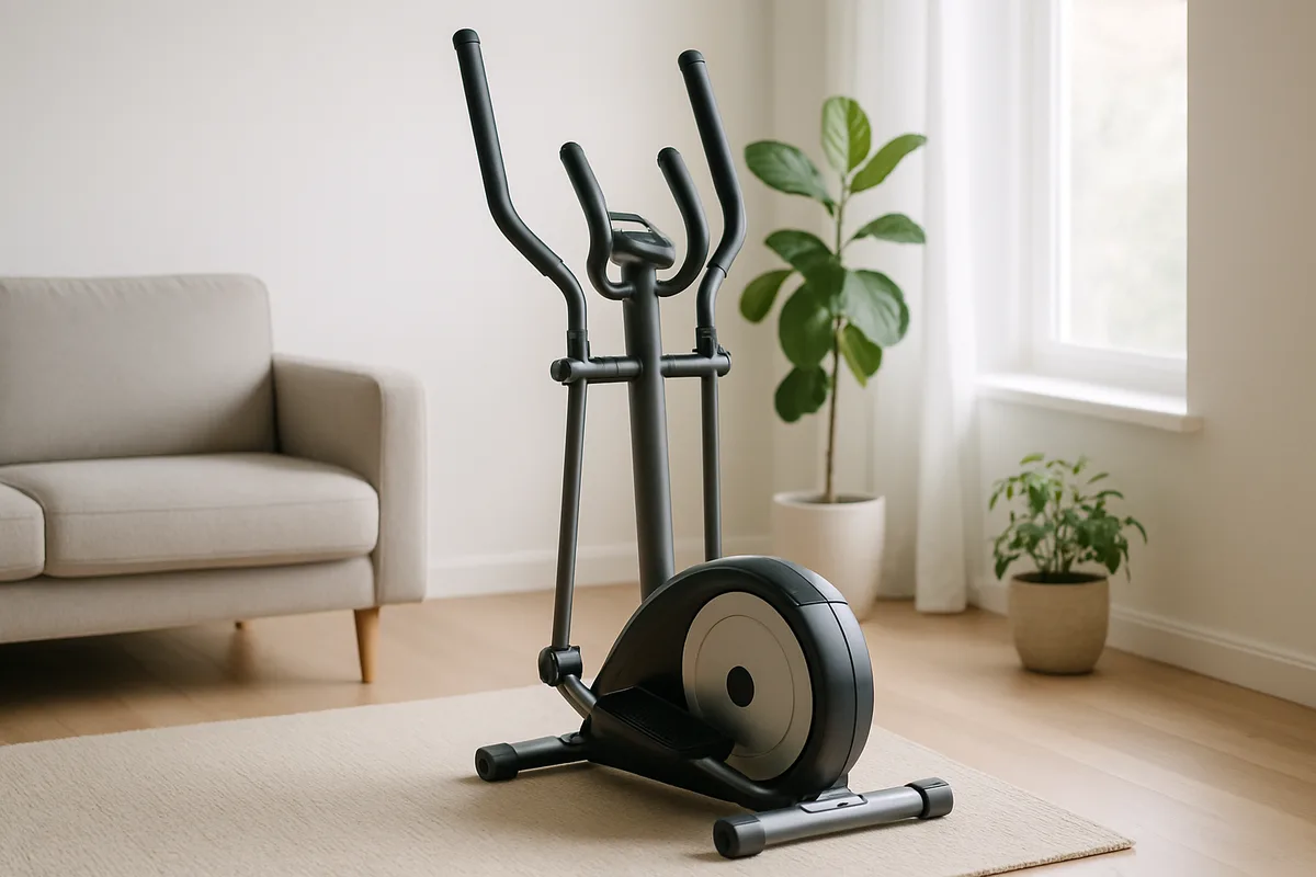 Kompakter Crosstrainer in einer kleinen Wohnungsecke, platzsparend aufgestellt