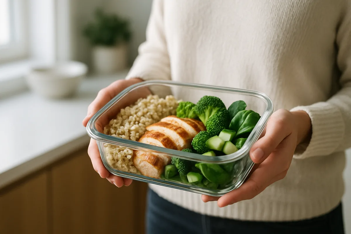 Eine Person hält eine Glas Meal Prep Box mit einer gesunden Mahlzeit