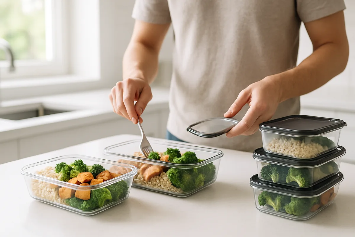 Eine Person bereitet Mahlzeiten in stapelbaren Meal Prep Containern vor