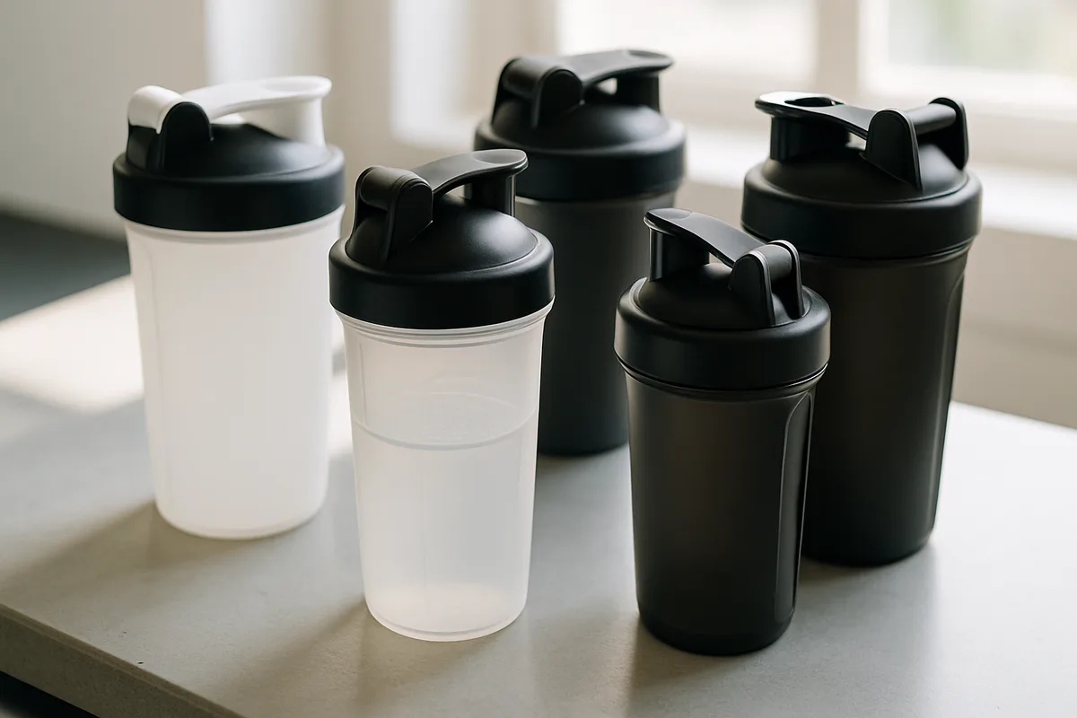 Verschiedene Sport-Shaker mit Sieb-Einsatz nebeneinander auf einer hellen Oberfläche