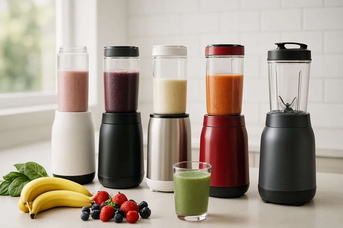 Verschiedene Smoothie Maker und Personal Blender nebeneinander auf einer Küchenarbeitsplatte mit frischen Früchten und grünen Smoothies in Gläsern.