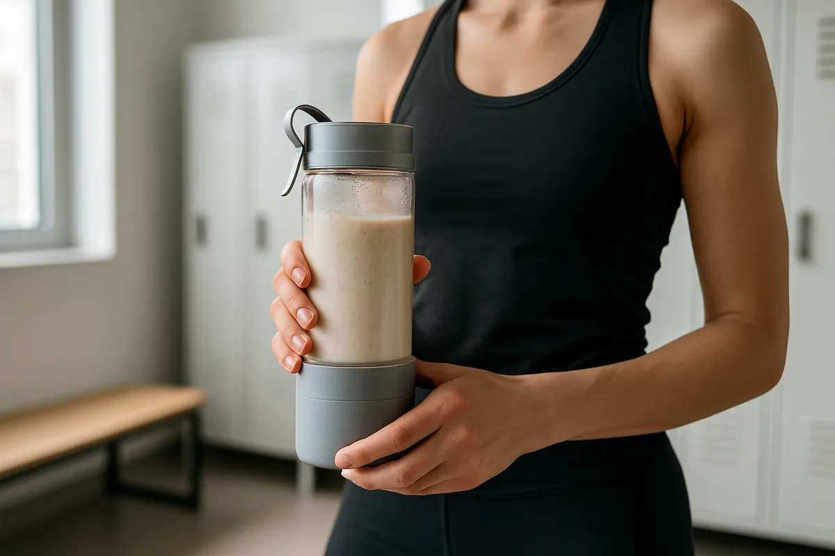 Tragbarer Mixer mit Proteinshake in einer Sporttasche neben einer Wasserflasche und einem Handtuch