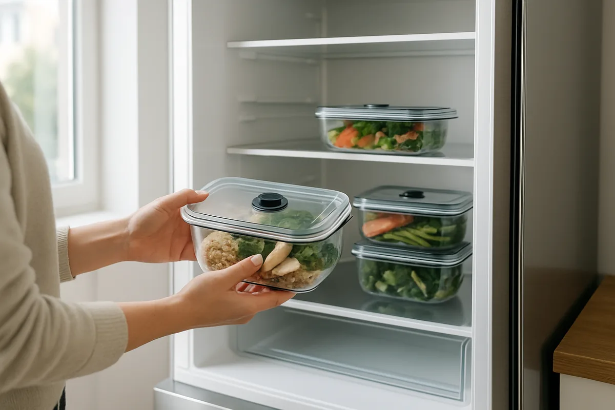 Frische Meal-Prep-Gerichte in Vakuumdosen im Kühlschrank