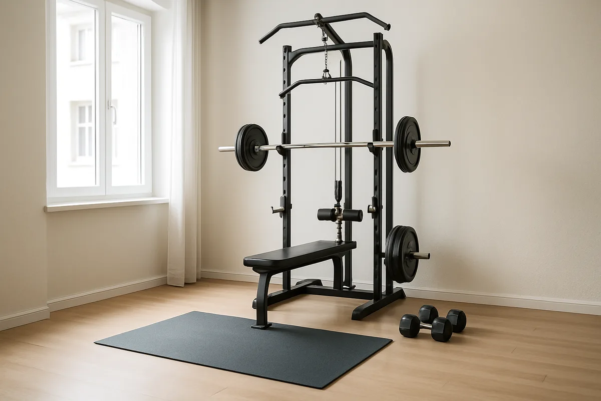 Kompaktes Homegym in einer hellen Wohnungsecke mit Kraftstation, Hanteln und Matte