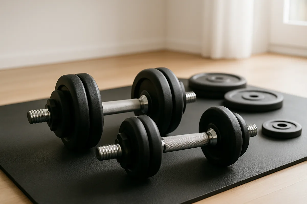 Zwei gummibeschichtete Kurzhanteln mit verchromten Griffen auf einer dunklen Trainingsmatte, daneben lose Gewichtsscheiben aus Gusseisen mit Gummibeschichtung.